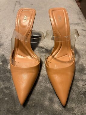 Zara Tan Pointed Toe Mule with Clear Strap